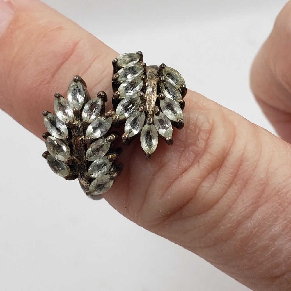 Elegant 925 Silver Leaf Ring Rhinestone Crystals Size 6 Boho Nature